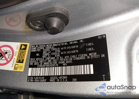 2019 Toyota Highlander Le Plus z USA, uszkodzony, nr VIN 5TDBZRFHXKS926518